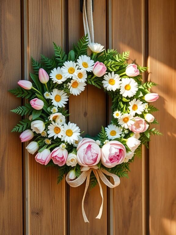 A stunning spring floral wreath hanging on a rustic wooden door, featuring pastel-colored tulips, daisies, and peonies with lush greenery. Soft sunlight filters through, creating a warm and inviting ambiance. The wreath is carefully arranged with a natural, organic look, tied with a delicate burlap ribbon.