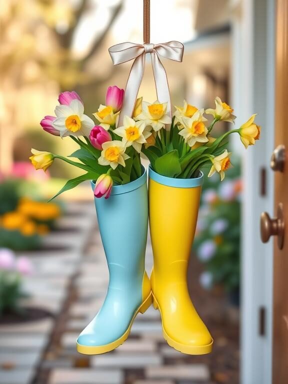 A unique spring door hanger featuring a pair of colorful rain boots (in pastel yellow or blue) filled with blooming tulips and daffodils, hanging from a ribbon on a cheerful front door. The background includes a soft-focus view of a spring garden pathway, adding depth and warmth to the image.