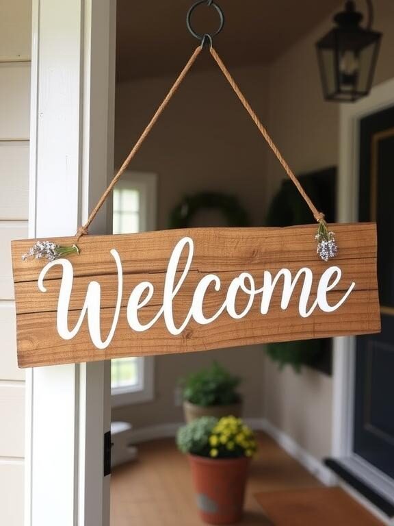 A beautifully crafted wooden “Welcome” sign hanging on a farmhouse-style front door. The sign is made from distressed wood with hand-painted white cursive lettering. Small floral accents of lavender and baby’s breath are attached to the corners, enhancing the rustic charm. A cozy front porch with potted plants is visible in the background.