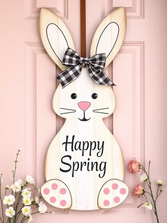 A charming Easter-inspired bunny-shaped door hanger with soft, neutral-toned wooden textures. The bunny is decorated with a plaid bow, miniature faux flowers, and a hand-painted “Happy Spring” message. The hanger is displayed on a pastel-colored door with blooming flowers surrounding it.