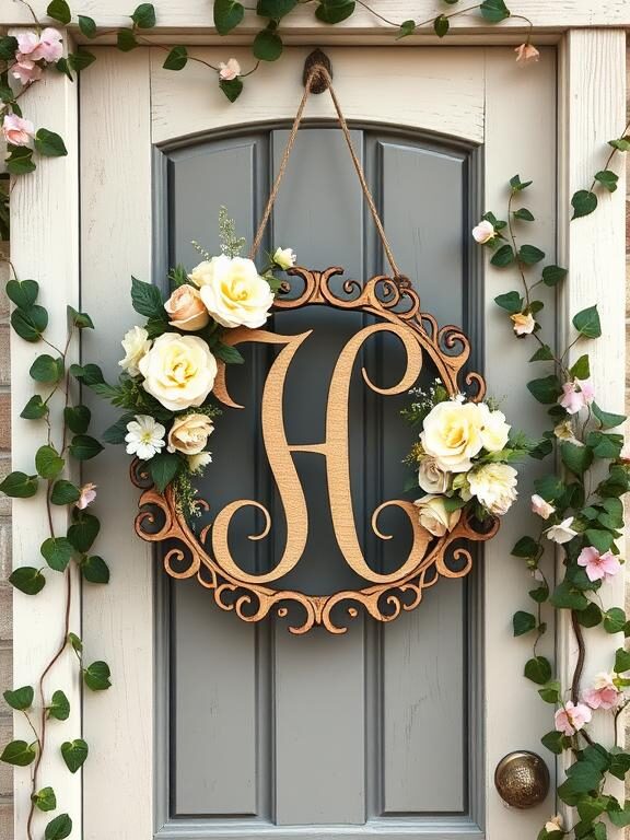 A personalized monogrammed spring door hanger with a large, elegantly carved wooden initial, adorned with soft pastel floral arrangements. The hanger is suspended from a rustic twine loop on a charming cottage-style door, surrounded by ivy and seasonal blossoms.