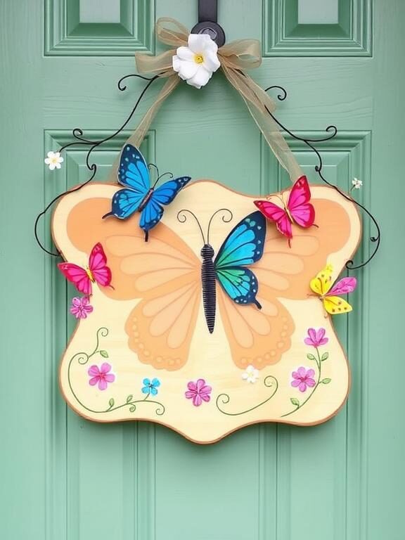 A whimsical butterfly-themed door hanger featuring a hand-painted wooden plaque with vibrant 3D butterfly embellishments in shades of blue, pink, and yellow. Delicate floral vines wrap around the edges, and the hanger is displayed on a freshly painted mint-green door.