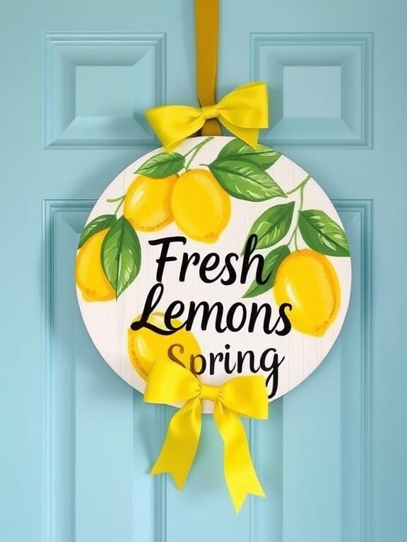 A vibrant lemon-themed door hanger with a round wooden sign featuring hand-painted lemons, green leaves, and a bright yellow bow. The words “Fresh Lemons” or “Welcome Spring” are beautifully inscribed. The door is light blue, complementing the cheerful and refreshing color palette.