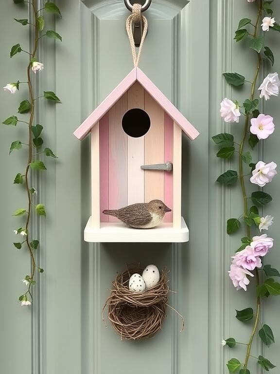 A delicate spring-themed door hanger showcasing a miniature wooden birdhouse with soft pastel tones, a tiny decorative bird figurine, and a small nest with speckled eggs. The hanger is displayed against a sage-green front door, surrounded by climbing ivy and floral garlands.