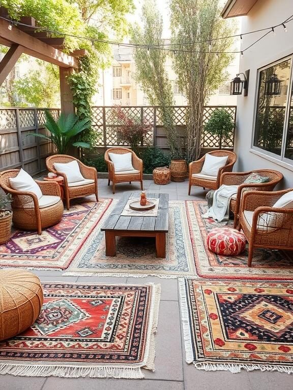 A cozy bohemian outdoor patio featuring multiple layered rugs in Moroccan and kilim patterns. The rugs are in warm earthy tones like terracotta, mustard, and beige, with a rustic wooden coffee table in the center. The seating area includes a mix of woven poufs, rattan chairs, and soft linen cushions. Dappled sunlight filters through hanging string lights, creating a relaxed, inviting atmosphere.