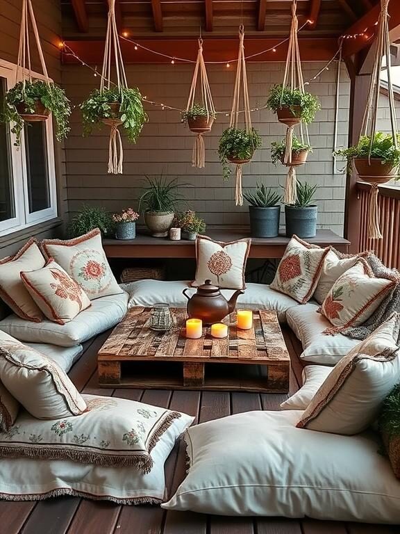 A bohemian-inspired patio with a relaxed low-seating lounge area. Soft, oversized floor cushions in neutral tones with colorful embroidered pillows are arranged on a wooden deck. A pallet coffee table sits in the center with a ceramic teapot and candles. Hanging macrame planters filled with greenery surround the space, and soft fairy lights create a dreamy, tranquil vibe.