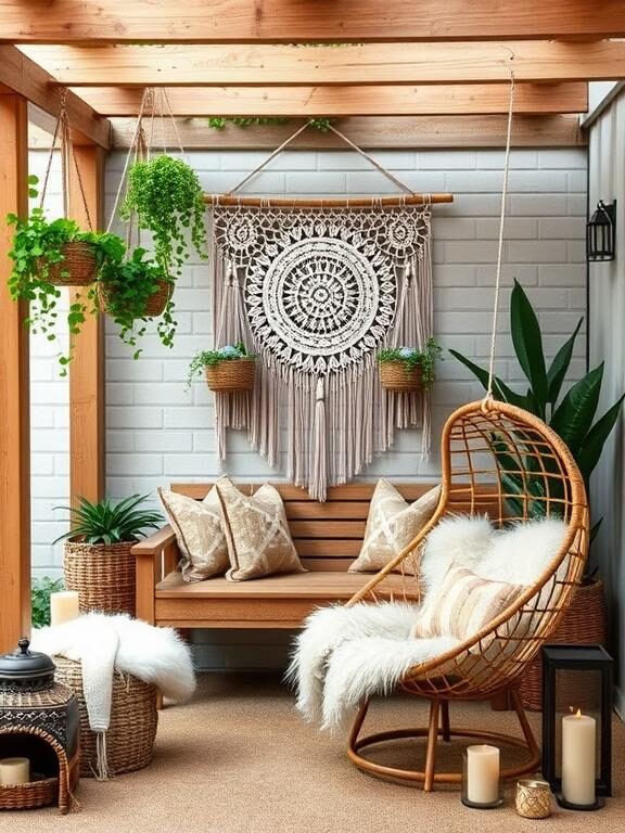 A bohemian patio with macrame decor elements. A beautiful macrame wall hanging serves as a backdrop behind a wooden outdoor bench adorned with cushions. Hanging woven baskets filled with green plants dangle from the pergola. A rattan egg chair with a faux fur throw sits in the corner, with candles and lanterns adding a cozy glow.