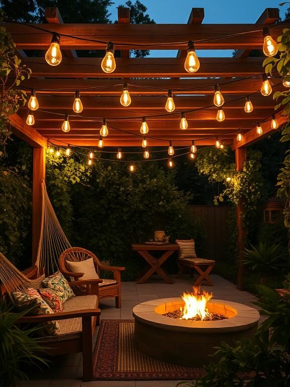 A charming bohemian patio illuminated by glowing string lights at dusk. Edison bulb string lights are draped over a wooden pergola, casting a warm glow. The seating area includes a woven hammock, wooden benches with colorful cushions, and a fire pit. Lush greenery surrounds the space, making it feel like an enchanting outdoor retreat.