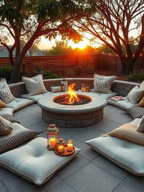A bohemian patio at sunset, centered around a rustic stone fire pit. Around it, plush floor cushions and woven poufs in neutral and earthy tones create a cozy seating arrangement. Lanterns with glowing candles are scattered around, while fairy lights drape from nearby trees. The ambiance is warm and inviting, perfect for outdoor gatherings.