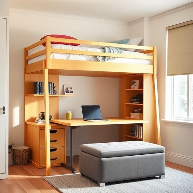 A modern college dorm room with a lofted bed featuring built-in storage underneath, a sleek foldable desk, and a cushioned ottoman with hidden storage. The space is well-lit with natural light coming through a large window, and a laptop sits on the desk, creating a cozy and organized study space.