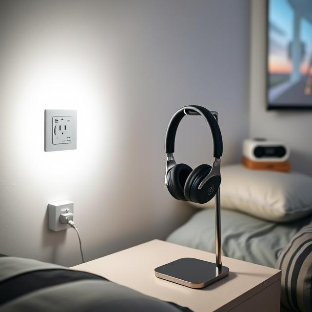 A modern dorm room setup featuring a smart plug controlling LED lights, a noise-canceling headset hanging on a sleek headphone stand, and a compact Bluetooth projector casting a movie onto a white wall. The room looks tech-savvy yet minimalist.
