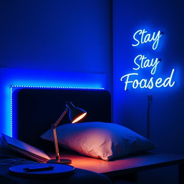 A stylish dorm room at night, illuminated by blue LED strip lights behind a minimalist black headboard. A modern desk lamp with a dimmable setting sits on the desk, casting a warm glow, while a neon "Stay Focused" sign is mounted on the wall, creating a cool and inviting atmosphere.