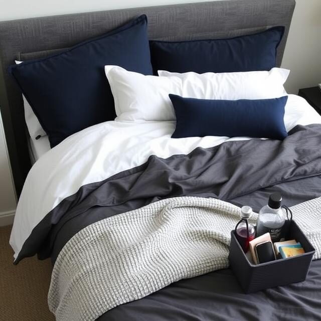 A neatly made dorm bed with a dark gray comforter, crisp white sheets, and accent pillows in navy and charcoal tones. A soft textured throw blanket is draped at the end, and a small bedside caddy hangs off the side, holding essentials like a phone, book, and water bottle.