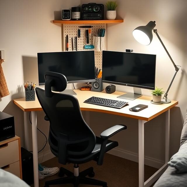 A compact dorm room desk with a dual-monitor setup, a wireless keyboard, and a sleek black ergonomic chair. A pegboard organizer holds stationery and tech accessories, while a small potted plant adds a touch of greenery. The scene is well-lit with a modern desk lamp.