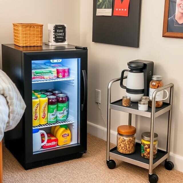 A stylish dorm room corner featuring a mini fridge with a matte black finish, stocked with drinks and healthy snacks. A small rolling cart next to it holds a coffee maker, mugs, and snack jars. The setup looks clean and aesthetically pleasing.