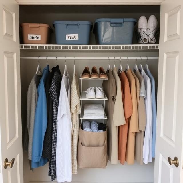 An open dorm closet with neatly hung clothes on space-saving velvet hangers. Storage bins and labeled organizers sit on the top shelf, while shoes are neatly lined up on a small rack below. A hanging fabric organizer holds rolled-up t-shirts and essentials.