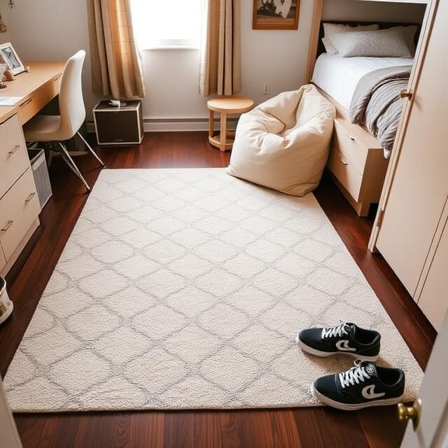 A cozy dorm room with a modern geometric-patterned rug in neutral tones. The soft rug contrasts with the dark wood flooring, making the space feel warm and inviting. A bean bag chair and casual sneakers add a relaxed college vibe.