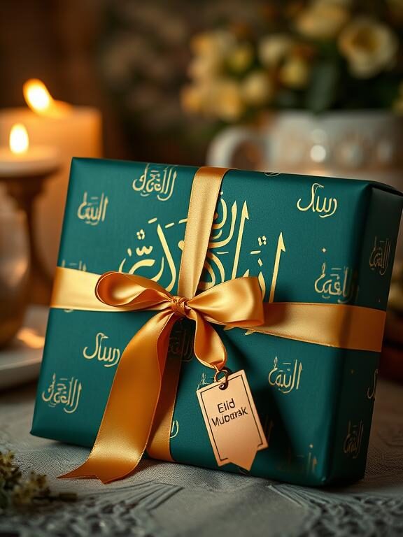 A beautifully wrapped Eid gift featuring elegant Arabic calligraphy in gold ink on deep green wrapping paper. The gift is tied with a silky golden ribbon, and a small “Eid Mubarak” tag dangles from the bow. A warm, softly lit background with candles and festive Eid decor enhances the atmosphere.
