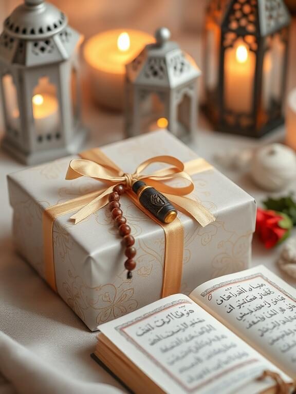 An elegantly wrapped Eid gift with a small tasbeeh (prayer beads) draped over the ribbon, adding a thoughtful Islamic touch. The wrapping paper is a soft pastel hue with gold calligraphy, and a mini Quran rests beside it. A warm, candle-lit setting with an Eid lantern and decorative elements creates a cozy ambiance.