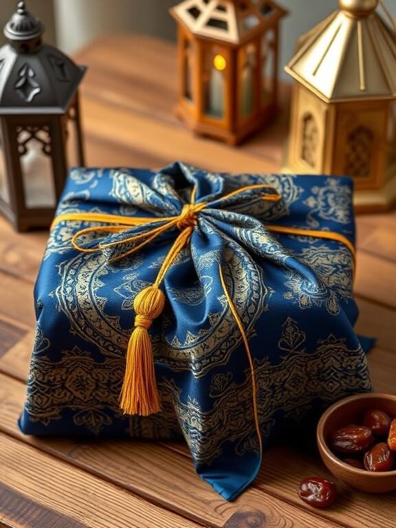 A luxurious silk-wrapped Eid gift in a deep blue and gold arabesque pattern, tied in a traditional Furoshiki style. A decorative tassel hangs from the knot, and the gift is placed on a wooden table with Eid-themed decorations like a lantern and a small bowl of dates nearby.