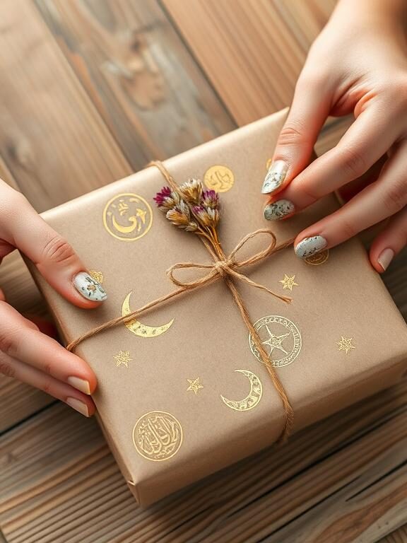 A close-up of hands stamping handmade wrapping paper with Islamic symbols like crescent moons and stars in gold ink on rustic brown kraft paper. The finished wrapped gift sits elegantly on a wooden surface, tied with twine and adorned with dried flowers for a natural, artistic touch.