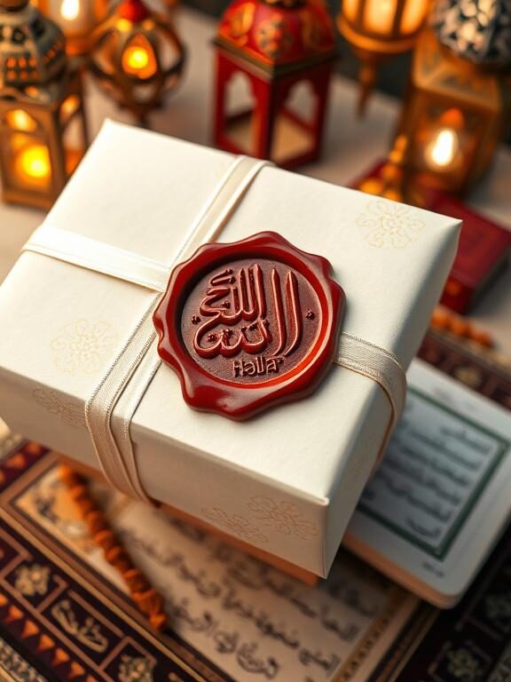 A beautifully wrapped Eid gift sealed with a deep red wax stamp featuring intricate ‘Eid Mubarak’ Arabic calligraphy. The paper is soft ivory with gold details, tied with a delicate satin ribbon. The setting includes a festive Eid backdrop with lanterns and a Quran resting on a prayer rug.