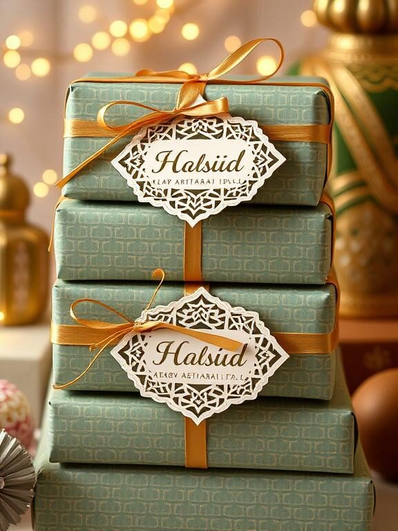 A stack of elegantly wrapped Eid gifts, each featuring a personalized name tag with laser-cut Islamic patterns. The name tags are made of thick cardstock with intricate crescent and star motifs, attached to golden ribbons. The background showcases soft fairy lights and traditional Eid decorations.