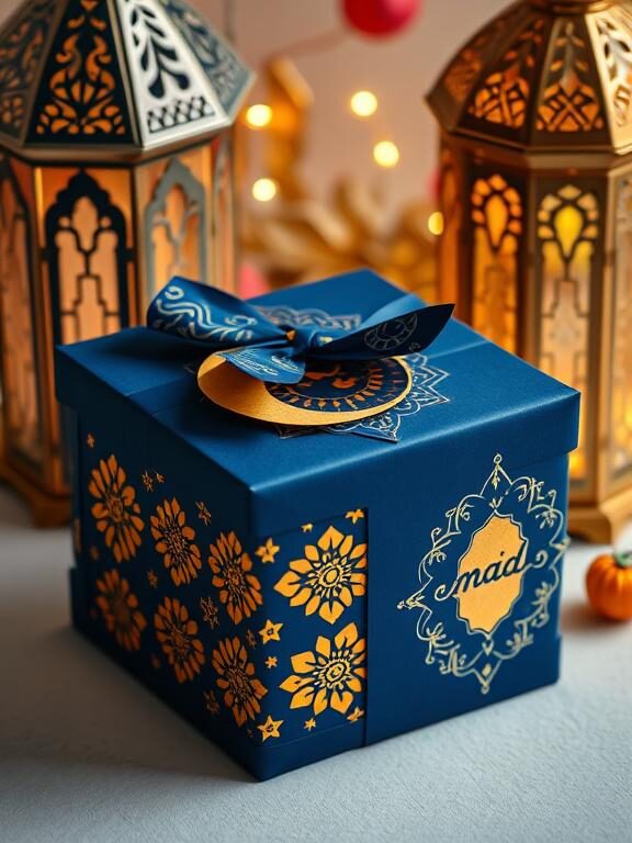 A beautifully wrapped gift using a layered paper cut-out technique, revealing a golden underlayer beneath intricate crescent moon and geometric Islamic patterns. The paper is a rich deep blue, and the gift is placed beside an ornate lantern, with Eid decorations softly glowing in the background.