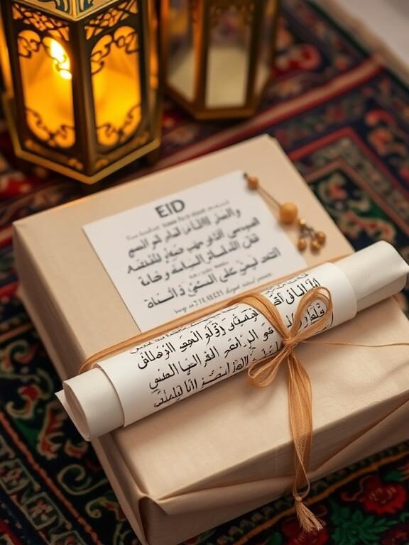 An Eid gift wrapped in parchment-like paper, with a beautifully handwritten Quranic verse printed in elegant calligraphy. A rolled scroll, tied with a delicate ribbon, is attached to the gift, featuring a meaningful Eid dua. The setting includes a prayer rug, tasbeeh, and a glowing lantern in the background.