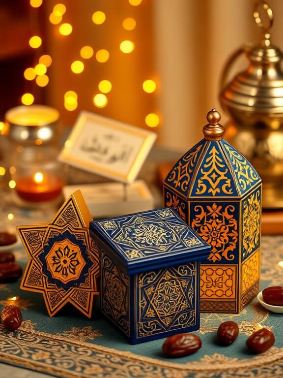 A collection of star-shaped and lantern-shaped Eid gift boxes in gold and deep blue, decorated with intricate Islamic geometric patterns. The boxes are elegantly placed on a festive table with glowing fairy lights, dates, and a traditional Arabic tea set in the background.