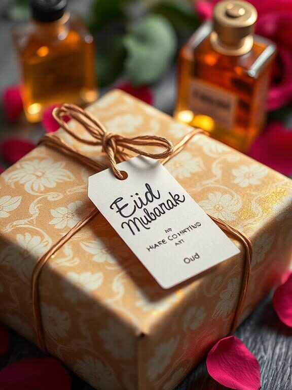 A close-up of a beautifully wrapped Eid gift, lightly dusted with golden shimmer and scented with oud. The wrapping paper has an elegant floral pattern in gold and cream, with a handwritten ‘Eid Mubarak’ tag attached. In the background, a bottle of oud perfume and fresh rose petals add a luxurious touch.