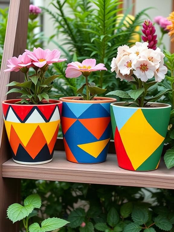 A set of ceramic flower pots painted with bold, geometric patterns in vibrant colors like red, blue, yellow, and green. The designs include zigzags, triangles, and abstract shapes, creating a modern and eye-catching look. Placed on a wooden garden shelf with fresh flowers inside, surrounded by lush greenery.