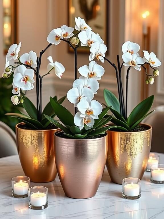 Luxurious metallic-painted flower pots in shades of gold, rose gold, and silver. Some have gold leaf accents creating an artistic, textured look. They are placed on a marble tabletop with a soft candle-lit ambiance, featuring elegant orchids and succulents.

