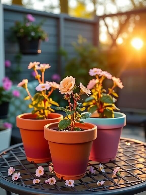 A row of terracotta flower pots with smooth ombre gradients, transitioning from deep blue to soft sky blue, and pink to peach. The pots are arranged on a cozy patio table with blooming flowers, capturing the soft glow of golden hour sunlight.