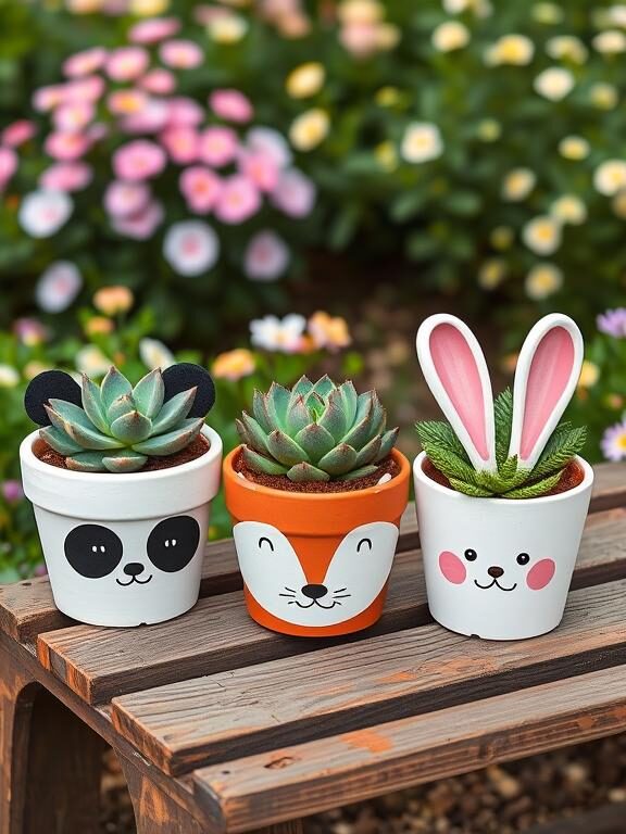 A collection of adorable flower pots painted to look like animals—one with a panda face, another as a fox, and a bunny with 3D ears attached. The pots have succulents inside, placed on a rustic wooden bench in a garden filled with pastel-colored flowers.