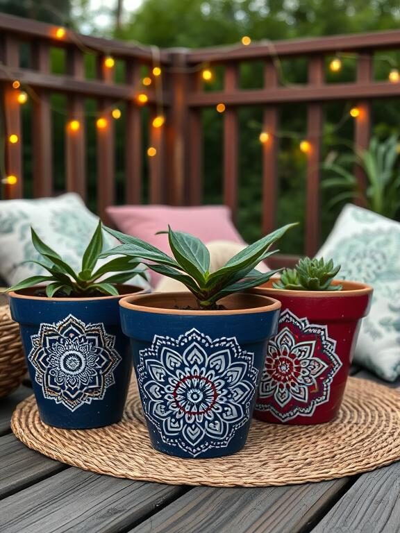 Hand-painted terracotta flower pots featuring intricate mandala designs in white and gold against deep blue and burgundy backgrounds. They are displayed on a wooden deck with fairy lights, surrounded by soft cushions and a woven rug for a bohemian aesthetic.

