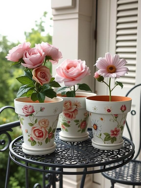 A set of antique-style flower pots with hand-painted vintage floral patterns in soft pastel hues. Roses, peonies, and daisies adorn the pots, which are placed on an elegant wrought-iron table on a cozy balcony overlooking a lush green garden.