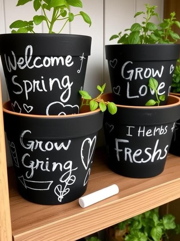  Black chalkboard-painted flower pots with handwritten messages and doodles in white chalk. The messages read "Welcome Spring," "Grow Love," and "Fresh Herbs." A small piece of chalk rests beside the pots, which are arranged on a farmhouse-style wooden shelf with potted herbs like basil and mint.

