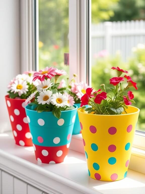 Brightly colored flower pots with playful polka dot patterns in contrasting shades—red with white dots, teal with pink dots, and yellow with blue dots. The pots, filled with daisies and petunias, sit on a white windowsill with a view of a sunlit garden.