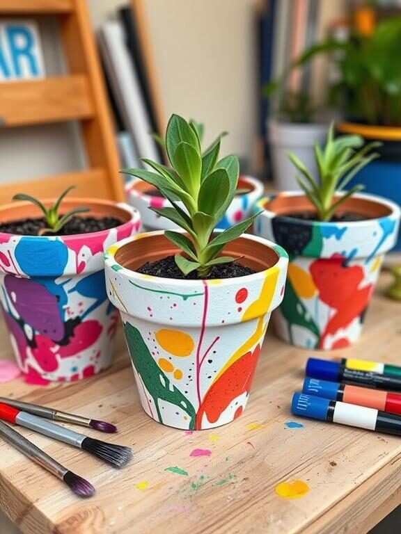 A creative display of flower pots painted in an abstract art style, featuring bold splashes of paint in multiple colors. The pots are placed on a wooden workbench with paintbrushes and colorful acrylic paints nearby, capturing the artistic process.