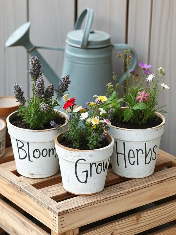 Distressed white-washed flower pots with hand-painted farmhouse-style typography, reading “Bloom,” “Grow,” and “Herbs.” The pots are filled with lavender and wildflowers, set on a wooden crate with a vintage watering can in the background.

