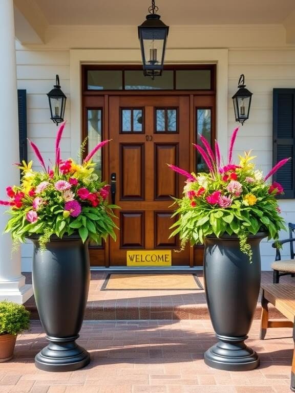 A grand front porch with two identical tall black urn planters filled with vibrant seasonal flowers and lush greenery. The symmetrical arrangement flanks a traditional wooden door with a welcoming doormat, hanging lanterns, and a cozy bench on the side. The scene is bathed in soft natural daylight, creating a warm and inviting ambiance.