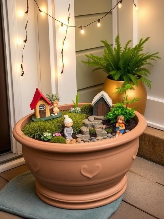 A magical front porch corner featuring a fairy garden-themed planter, complete with tiny figurines, moss, small flowering plants, and decorative pebbles. Soft fairy lights drape over the planter, creating an enchanting nighttime glow.