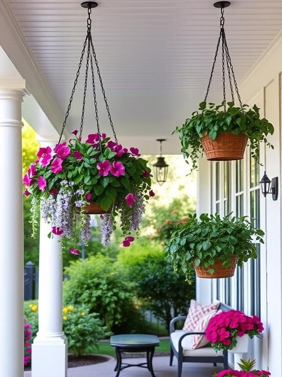 A charming front porch with elegant hanging basket planters filled with cascading petunias and ivy. The baskets are suspended from a white wooden ceiling, complementing a cozy seating nook with a small coffee table. Soft morning light filters through, adding a fresh and inviting touch.