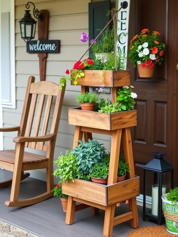 A rustic farmhouse-style front porch featuring a tiered wooden planter stand filled with colorful flowers, herbs, and succulents. The stand sits beside a cozy rocking chair, a vintage welcome sign, and a lantern, creating a relaxed and stylish outdoor space.