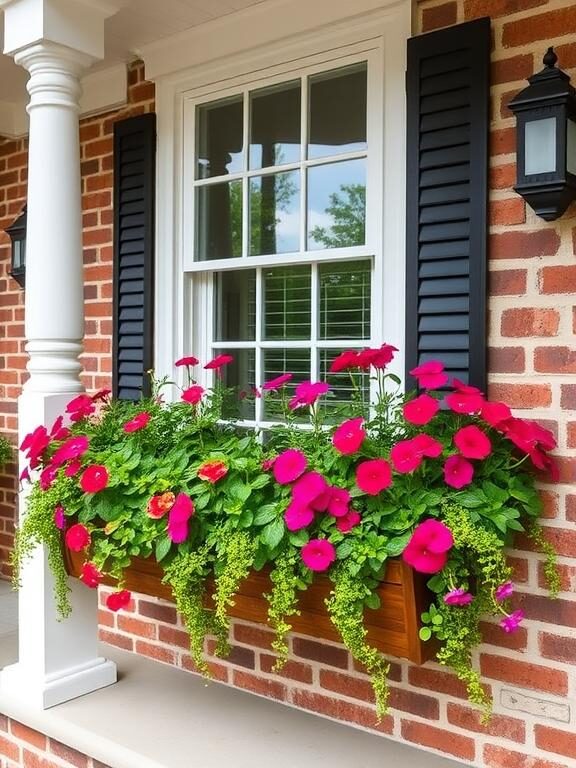 A picturesque front porch with charming wooden window box planters overflowing with lush geraniums, petunias, and cascading greenery. The classic white-framed windows and a brick exterior enhance the cozy, cottage-like appeal of the home.