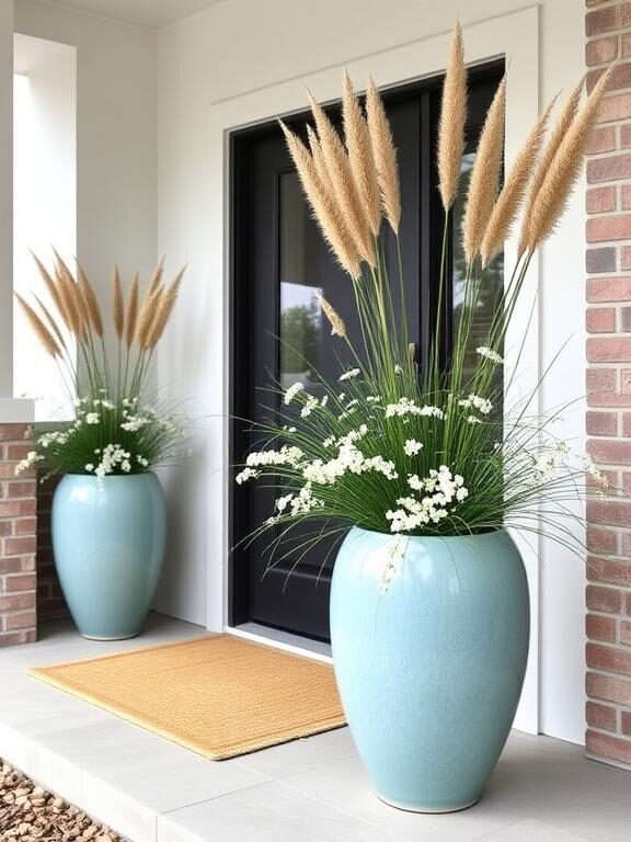A modern front porch adorned with two oversized ceramic planters in soft blue hues, filled with tall ornamental grasses and delicate white flowers. A sleek black front door and a woven doormat create a minimalist yet welcoming entryway.