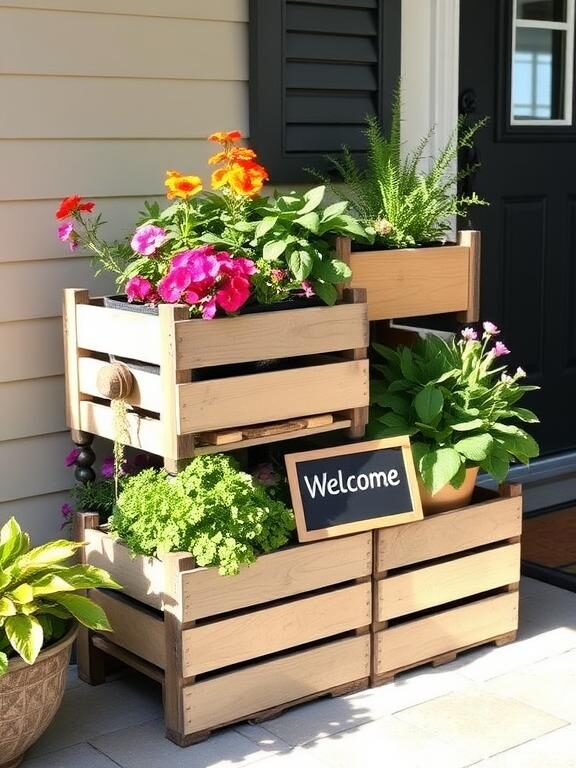 A creative DIY front porch design featuring stacked wooden crate planters filled with a mix of vibrant flowers and herbs. A small chalkboard sign with a handwritten “Welcome” message adds a personal and rustic touch. Soft afternoon sunlight enhances the cozy atmosphere.