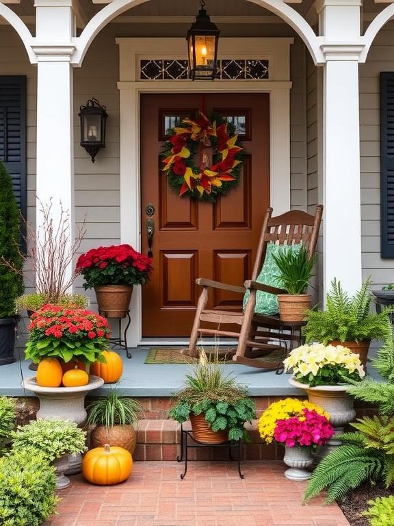 A festive front porch decorated with seasonal planter arrangements—pumpkins and mums in fall, poinsettias and fairy lights in winter, tulips and daffodils in spring, and lush ferns in summer. A cozy rocking chair and a seasonal wreath complete the welcoming look.