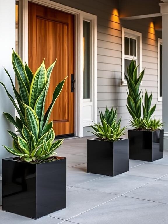 A contemporary front porch featuring sleek black square planters with structured greenery, such as snake plants and succulents. The clean lines of the planters complement a minimalist exterior with a wooden front door, neutral tones, and ambient evening lighting.